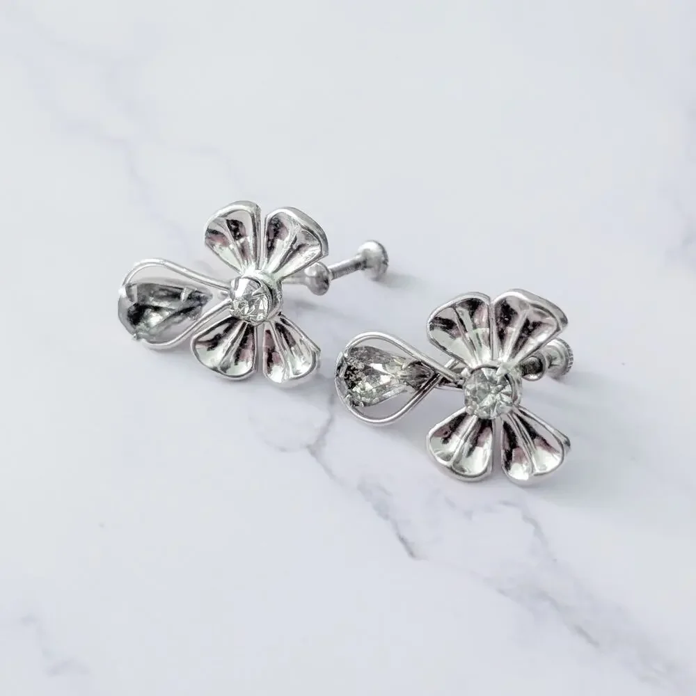 Vintage Screw On Earrings Unusual Silver Tone with Gems 1